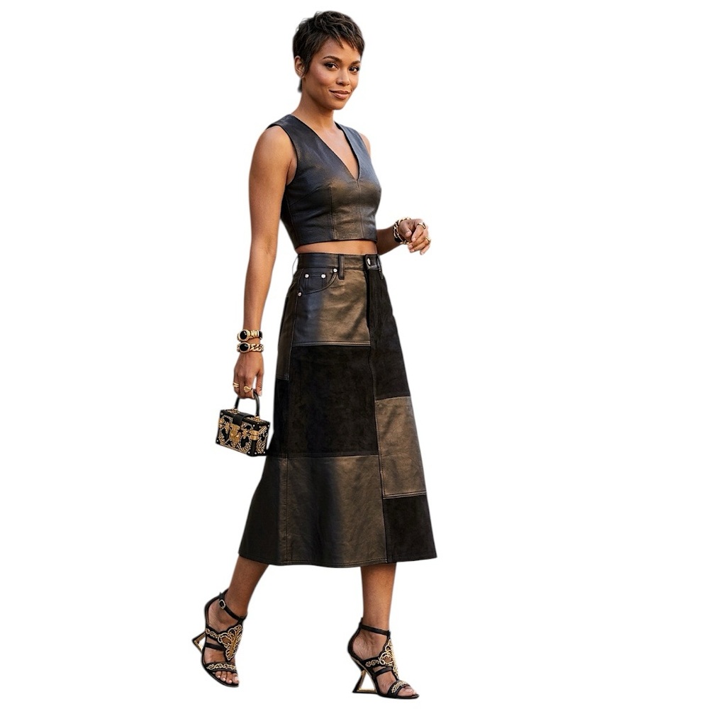 RE/DONE Mid Rise Leather & suede 27/small  Patchwork Skirt NWT